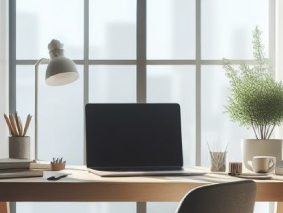 Desk with a computer facing a window